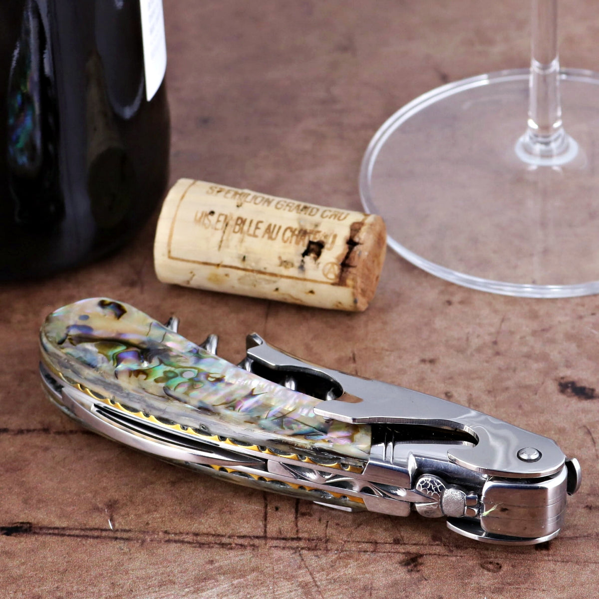 Laguiole Magnum Genuine Mother of Pearl Guilloche Corkscrew - A