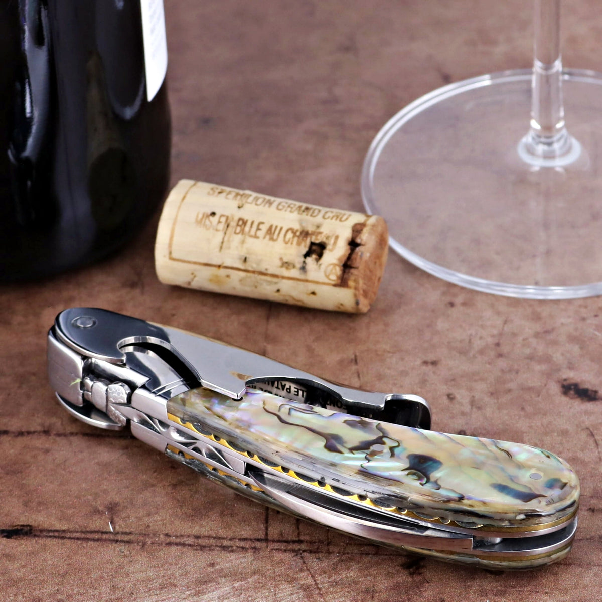 Laguiole Magnum Genuine Mother of Pearl Guilloche Corkscrew - A