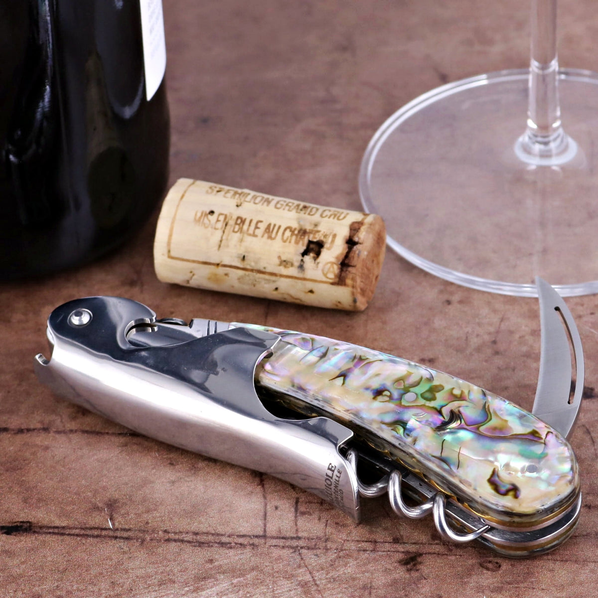 Laguiole Magnum Genuine Mother of Pearl Guilloche Corkscrew - A