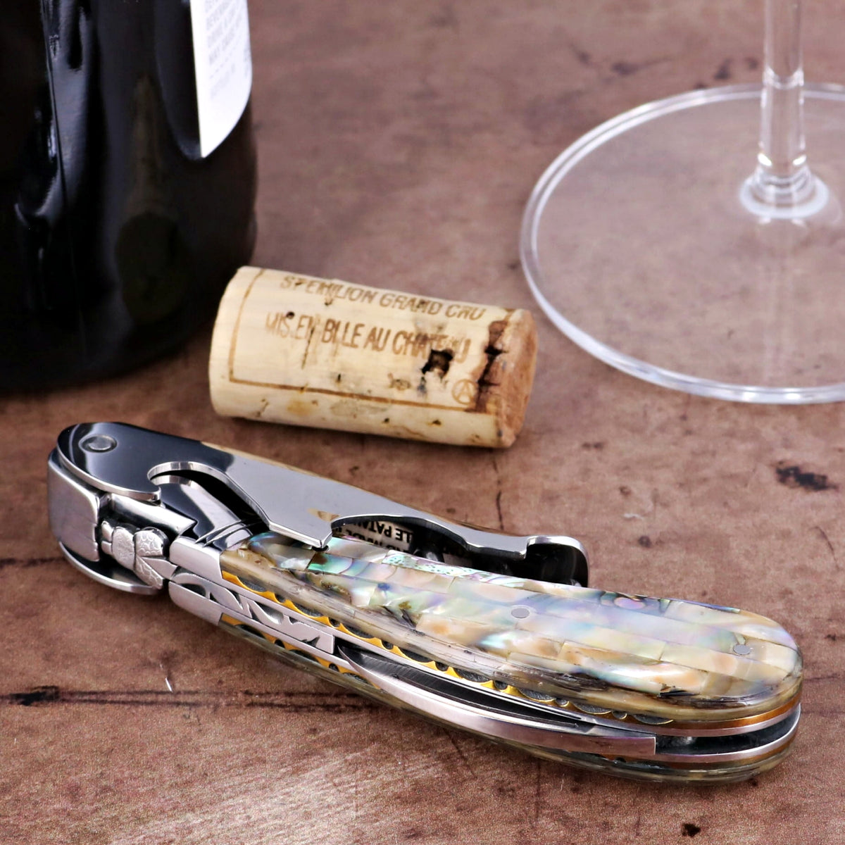Laguiole Magnum Genuine Mother of Pearl Guilloche Corkscrew - C