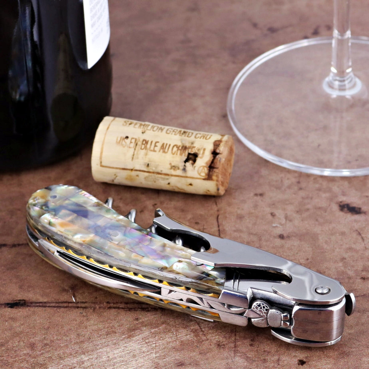 Laguiole Magnum Genuine Mother of Pearl Guilloche Corkscrew - C