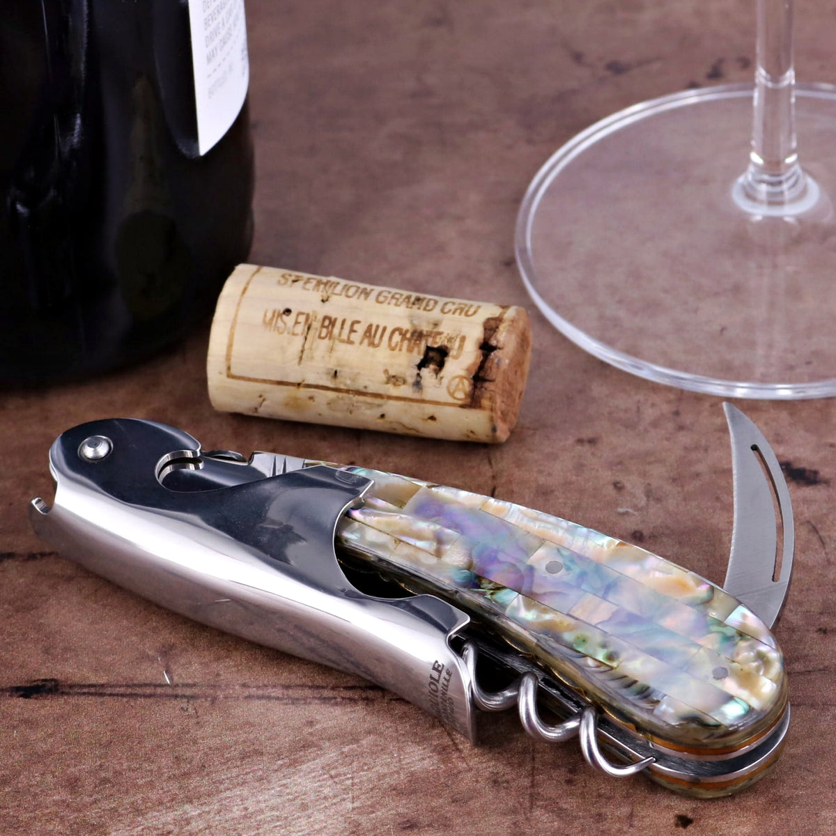 Laguiole Magnum Genuine Mother of Pearl Guilloche Corkscrew - C