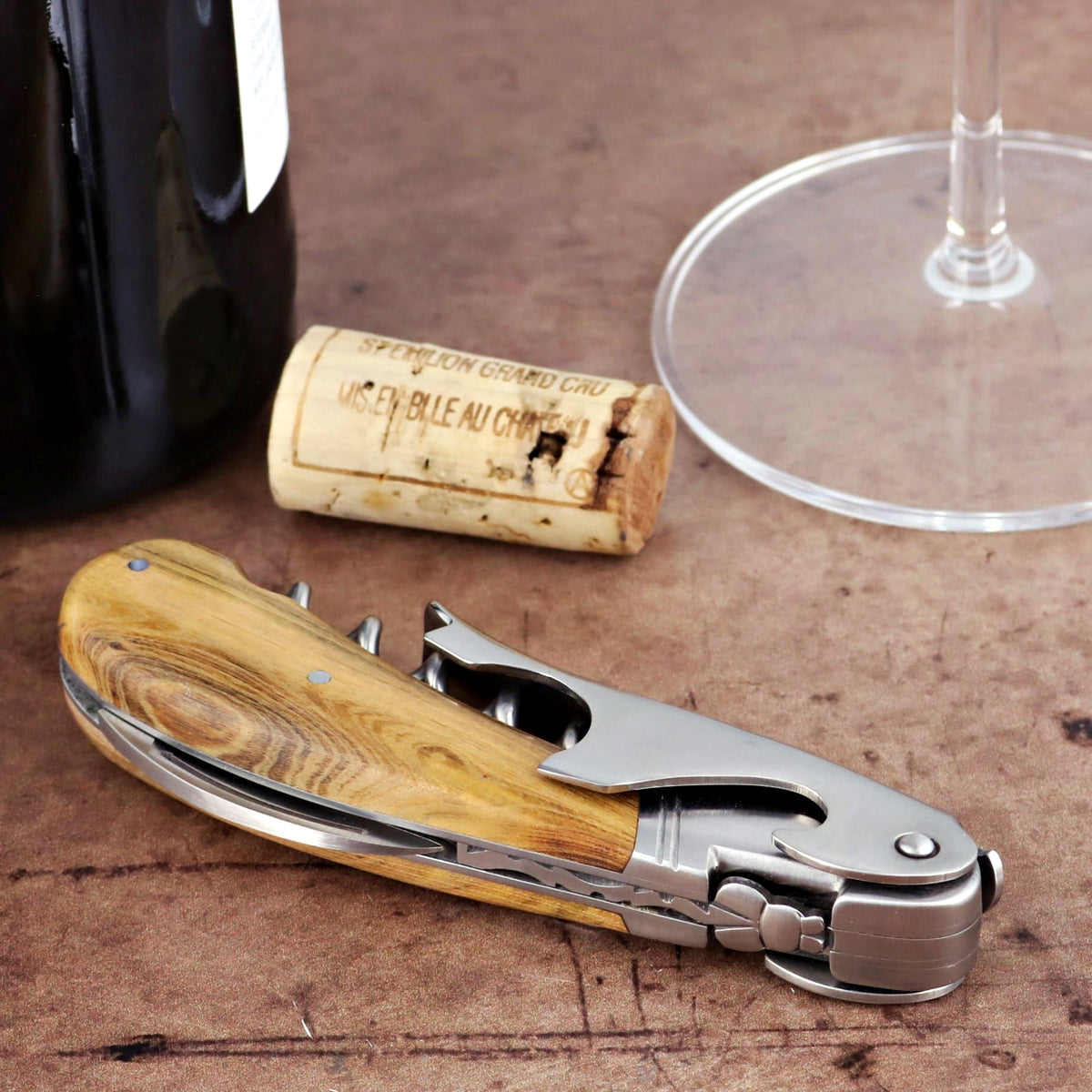 Laguiole Magnum Pistachio Corkscrew, side view of wood handle and stainless steel tools.