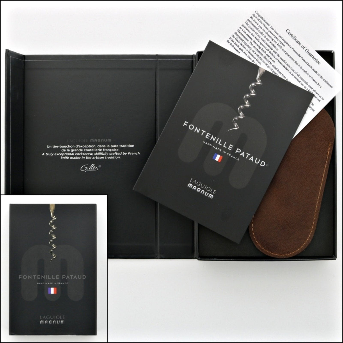 Laguiole Magnum Corkscrew Red: Open box with guarantee, brown leather pouch, and black booklet.