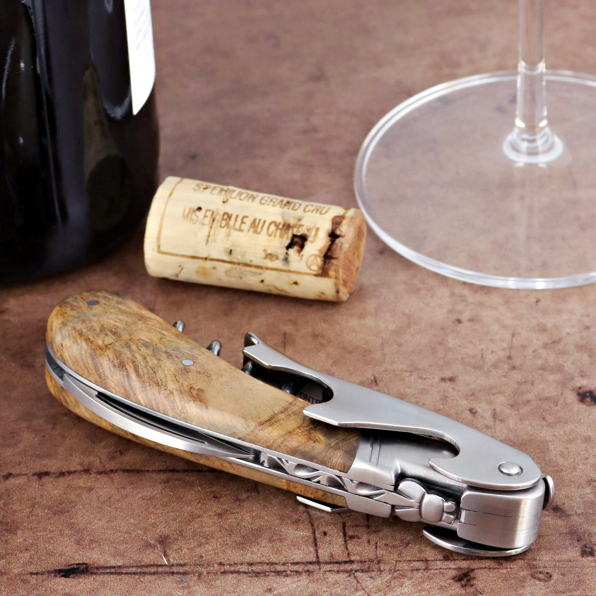 Laguiole Magnum Teak Corkscrew, close-up of teak handle and stainless steel mechanism.