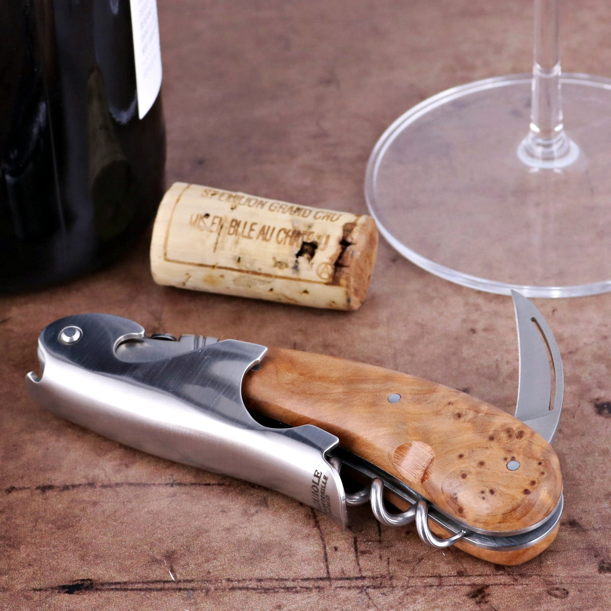 Laguiole Magnum Thuya Burl Corkscrew, side view showing the wood handle, foil cutter, and worm.