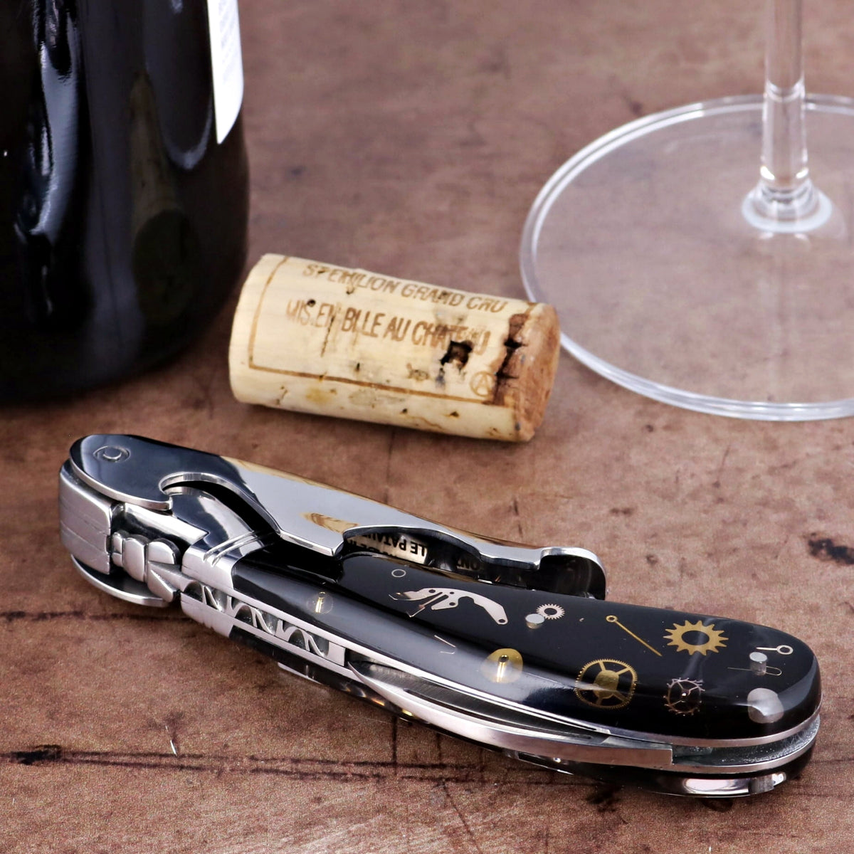 Laguiole Magnum Two-Step Corkscrew Genuine Timepiece Gears Inlay - A