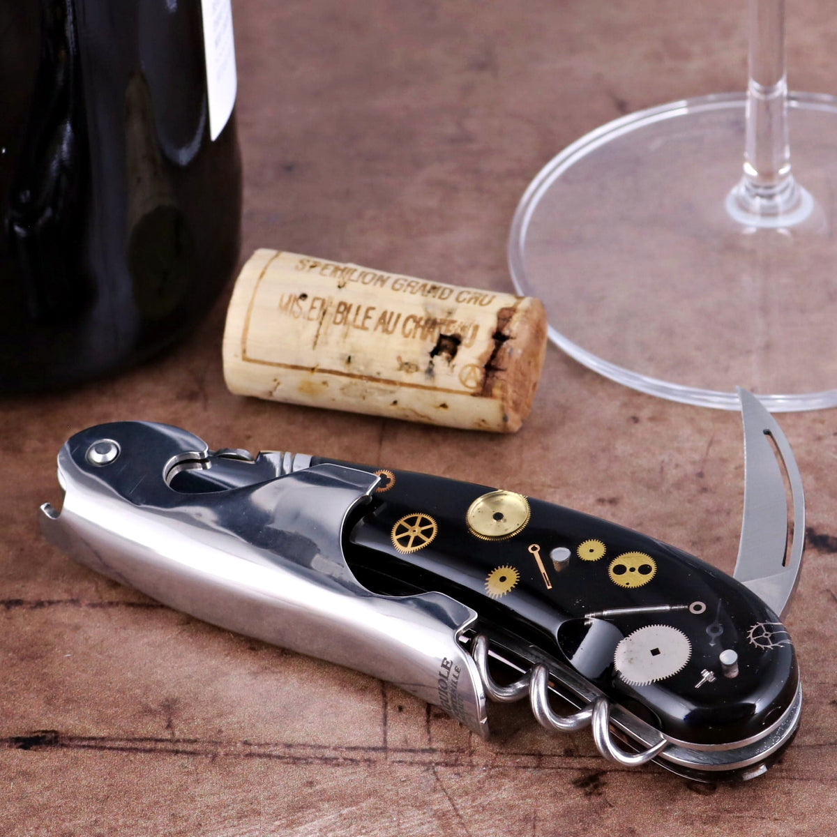 Laguiole Magnum Two-Step Corkscrew Genuine Timepiece Gears Inlay - A