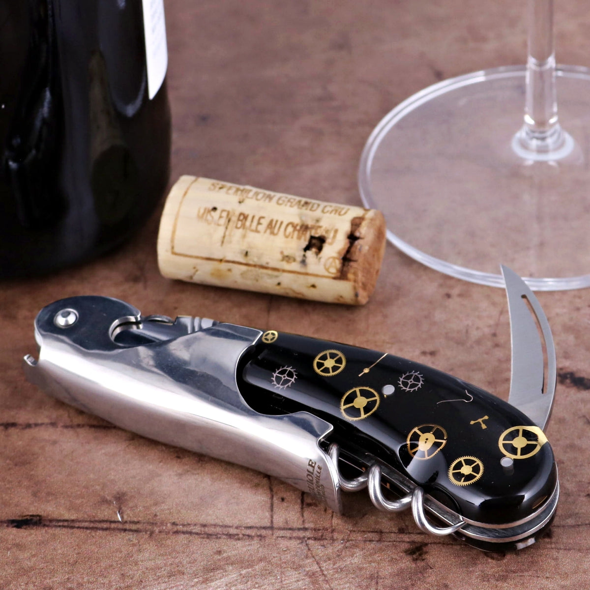 Laguiole Magnum Two-Step Corkscrew Genuine Timepiece Gears Inlay - D