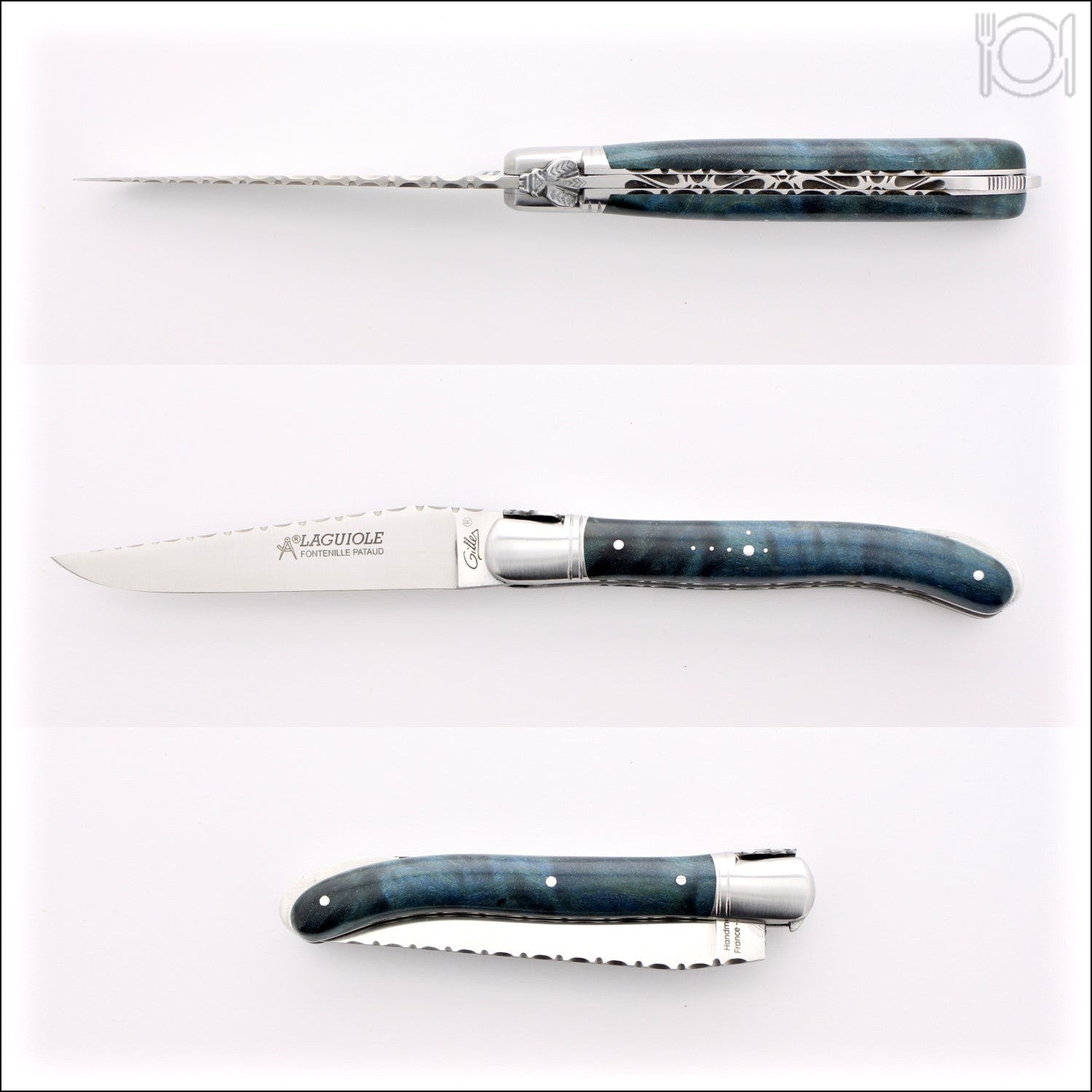 Laguiole Nature Guilloche Stained Poplar Burl - Blue