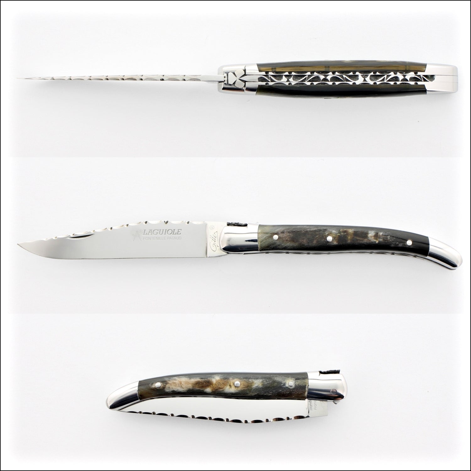 Laguiole Traditional Knife 11 cm Guilloche Dark Ram Horn Tip