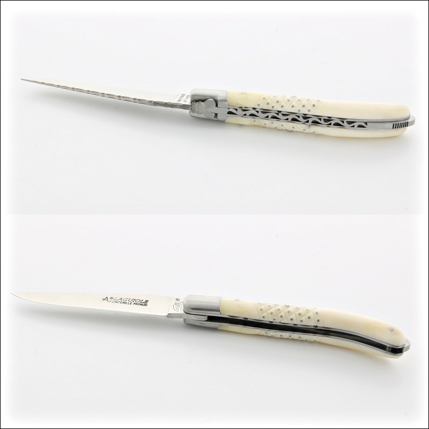 Laguiole XS 9 cm Guilloche Studded Bone Handle