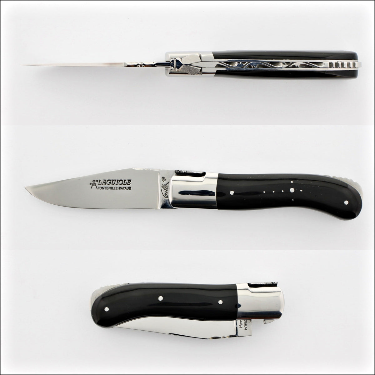 Laguiole Gentleman's Knife - Black Horn Tip. Top-down view of the black horn handle and polished blade. Handcrafted details, 100% Made in France.