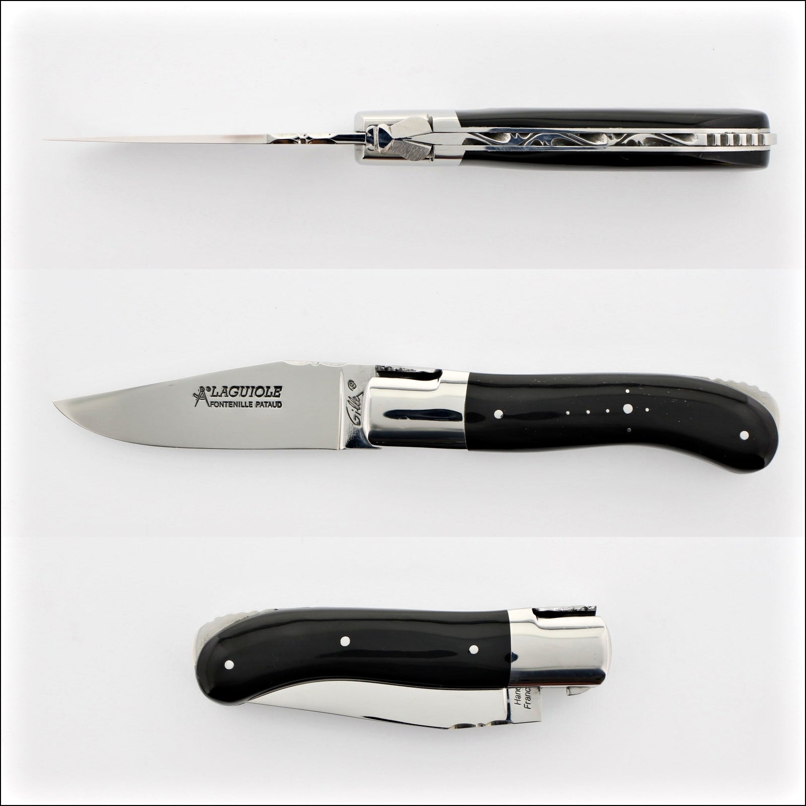Laguiole Gentleman's Knife - Black Horn Tip. Top-down view of the black horn handle and polished blade. Handcrafted details, 100% Made in France.