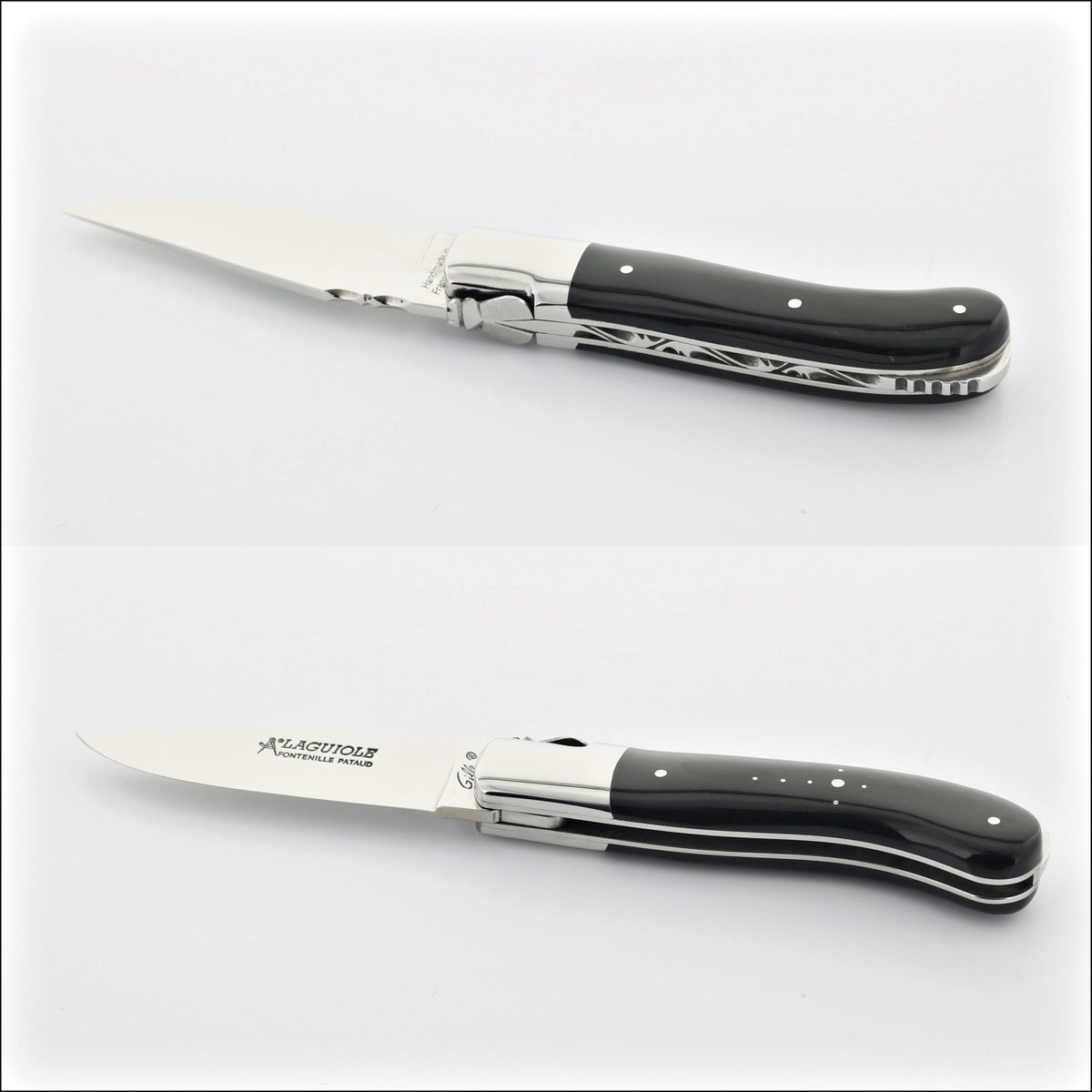 Laguiole Gentleman's Knife - Black Horn Tip. Top-down view of the open knife, showing the polished blade and black horn handle. Handcrafted details, 100% Made in France.