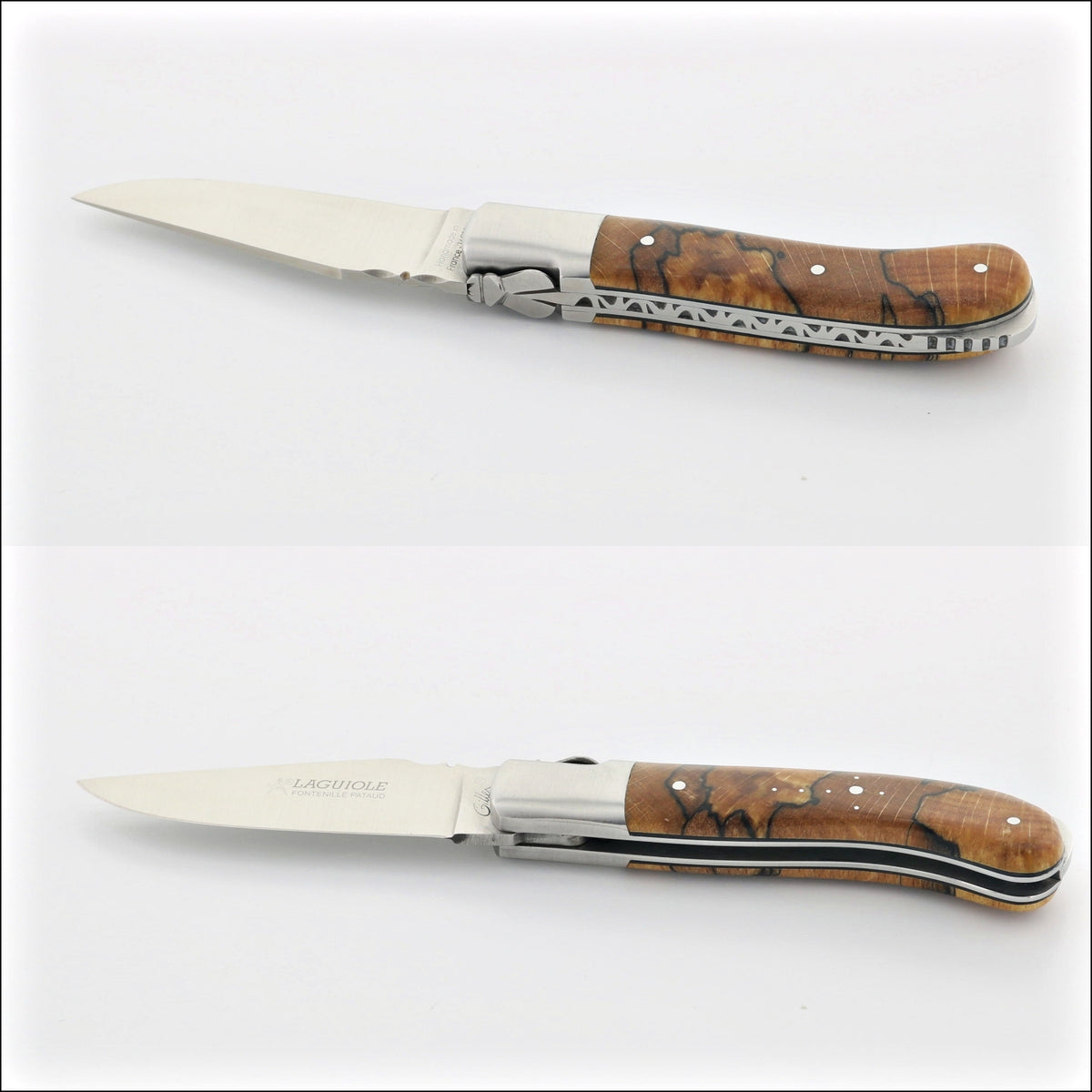 Laguiole Gentleman's Knife - Burled Beech End Grain, close-up of handle detail. Handcrafted details, 100% Made in France.