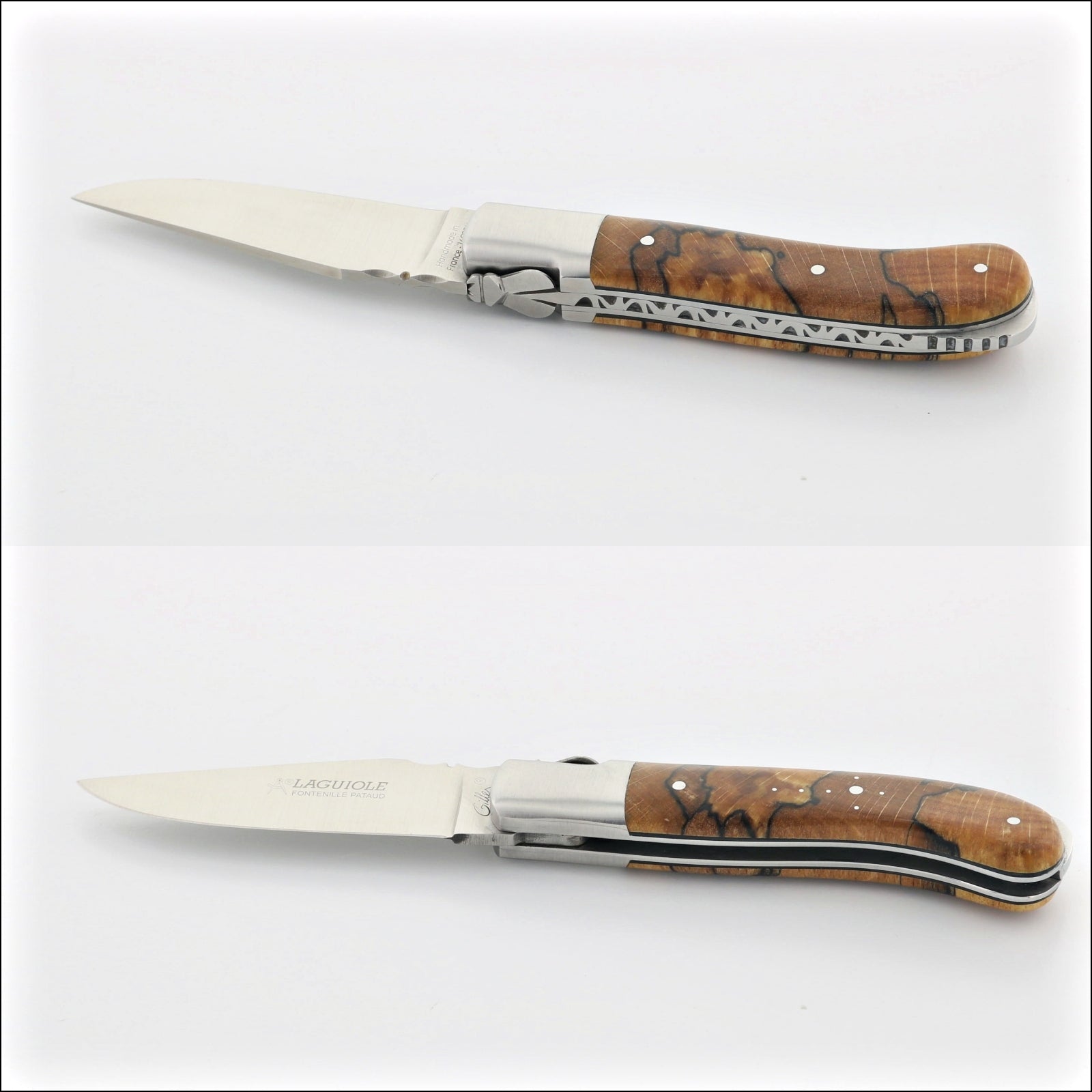 Laguiole Gentleman's Knife - Burled Beech End Grain, top-down view of open blade, closed, and folded. Handcrafted details, 100% Made in France.