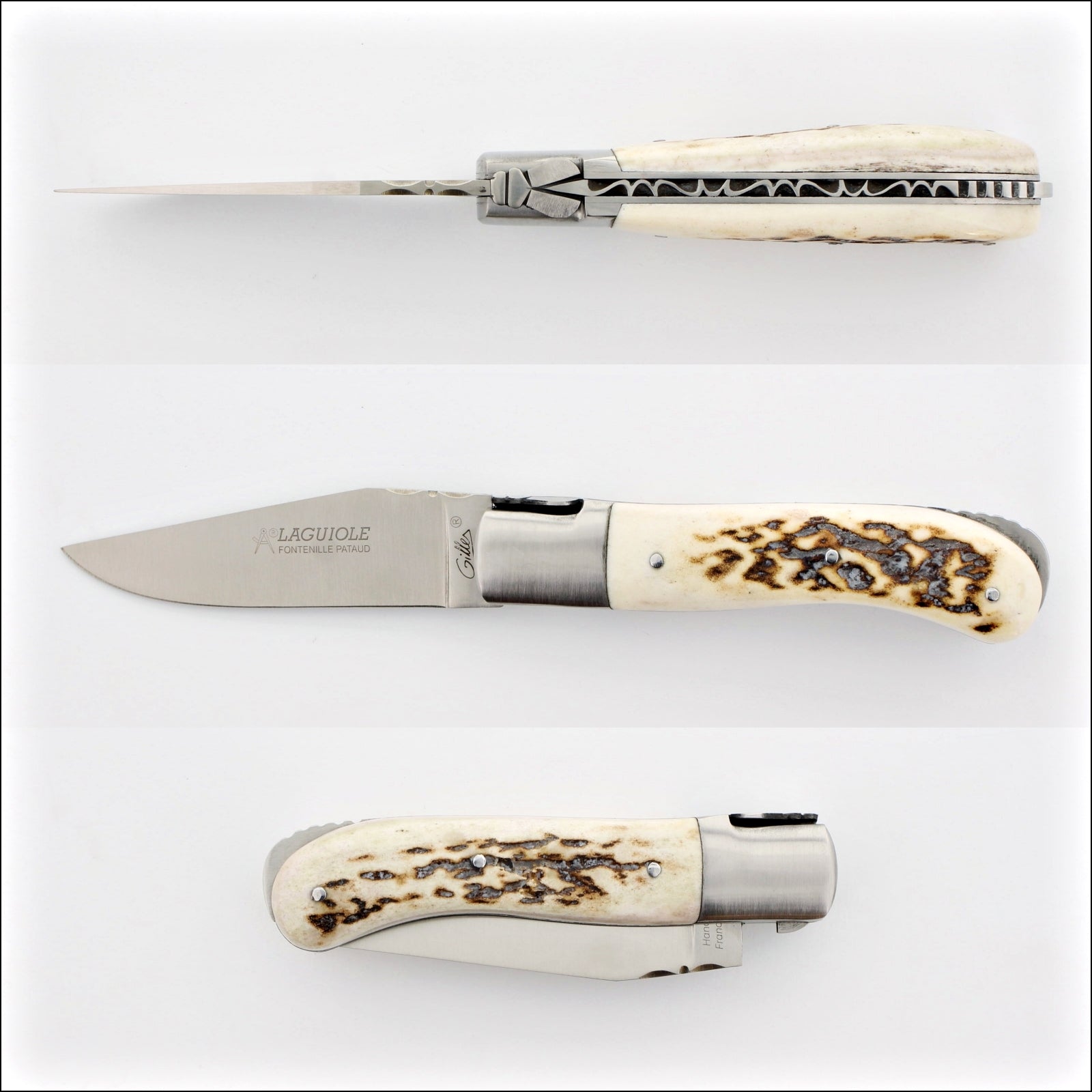 Laguiole Gentleman's Knife - Deer Stag, top-down, side, and closed views. Handcrafted details, 100% Made in France.