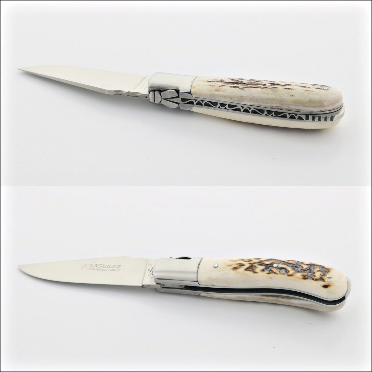 Laguiole Gentleman's Knife - Deer Stag, close-up of the handle with natural bone and brown accents. Handcrafted details, 100% Made in France.