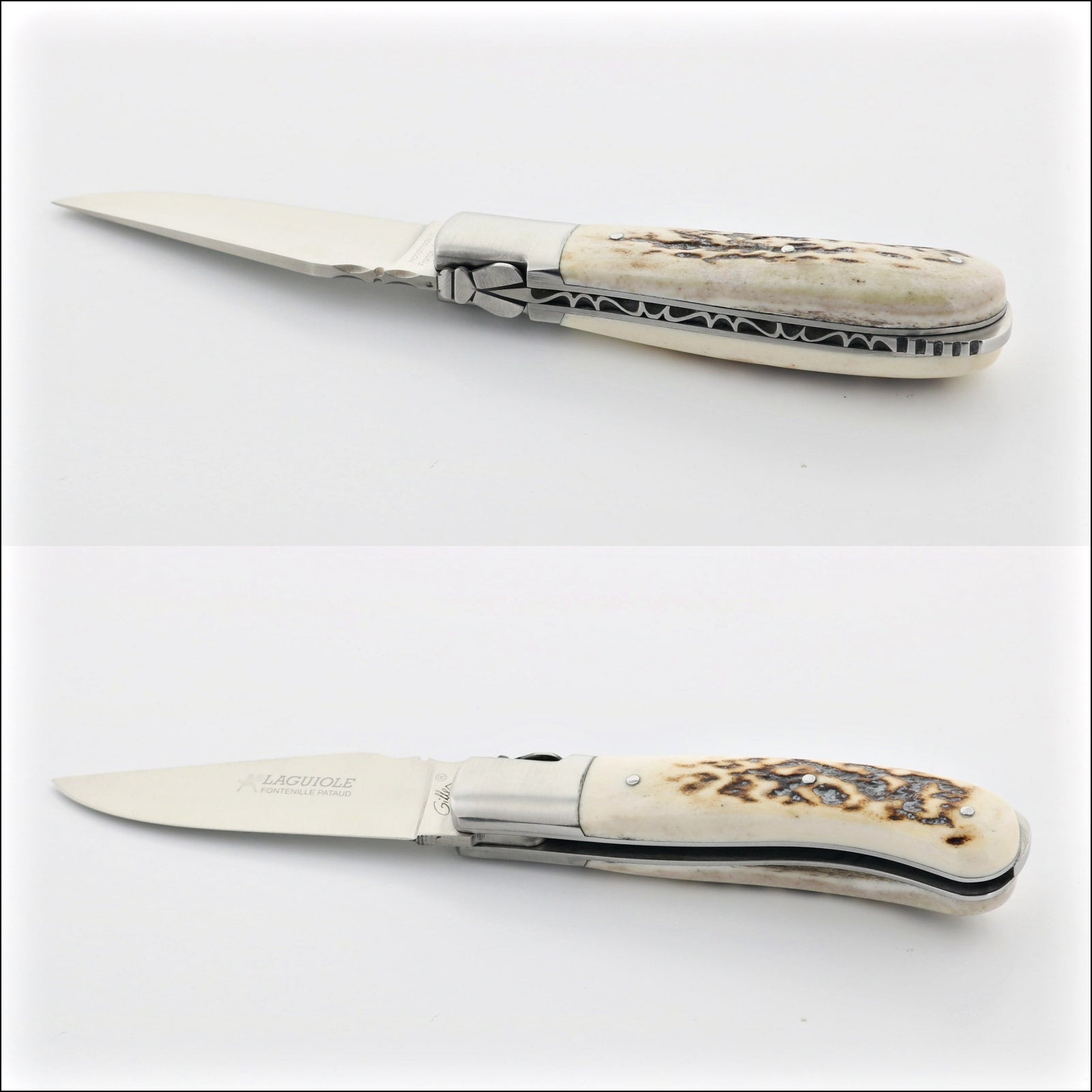 Laguiole Gentleman's Knife - Deer Stag, top-down, side, and closed views. Handcrafted details, 100% Made in France.