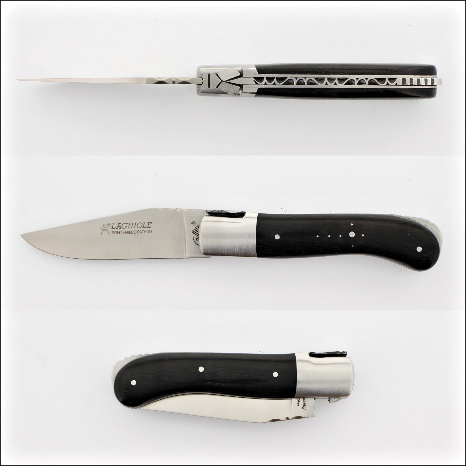 Laguiole Gentleman's Knife - Ebony. Side view, open blade with "LAGUIOLE" engraving. Handcrafted details, 100% Made in France.