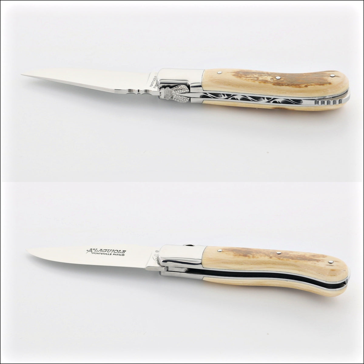 Laguiole Gentleman's Knife - Mammoth Ivory, top-down view of the open blade and ornate handle. Handcrafted details, 100% Made in France.