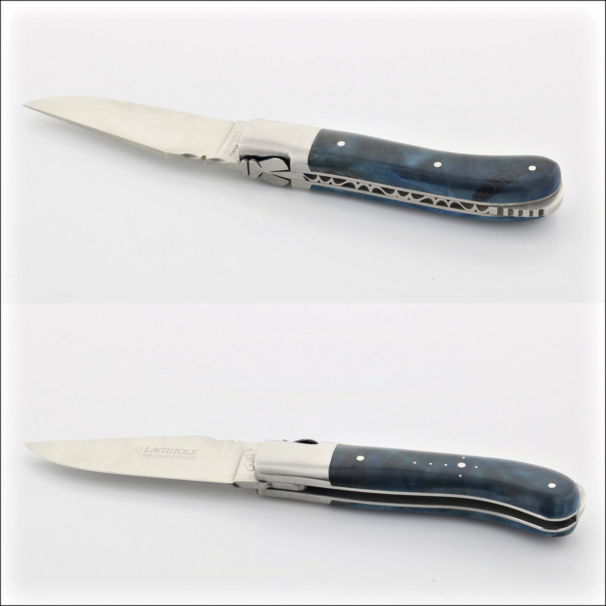 Laguiole Gentleman's Knife, top-down view of blue stained poplar burl handle. Handcrafted details, 100% Made in France.