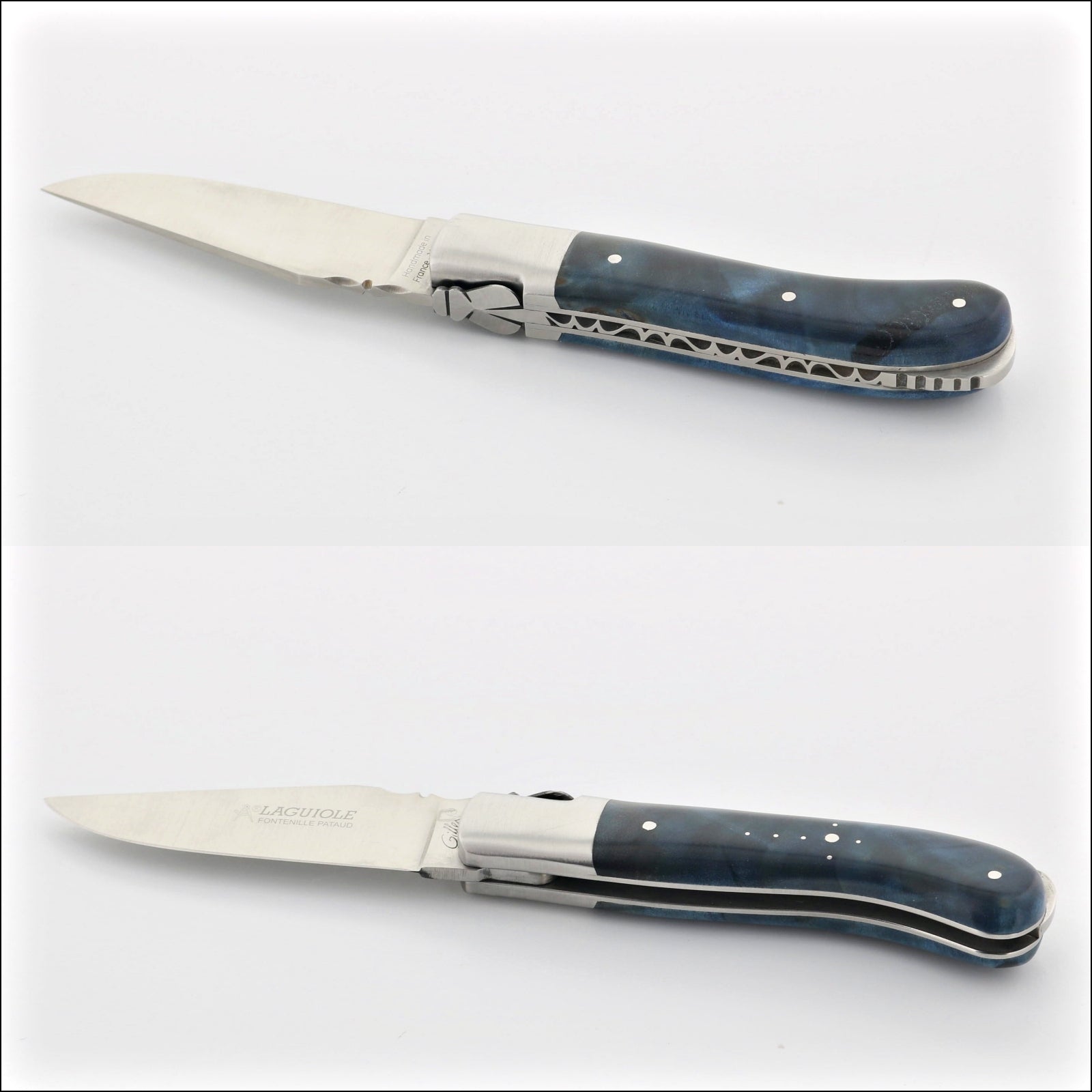 Laguiole Gentleman's Knife, side view of open blade and blue stained poplar burl handle. Handcrafted details, 100% Made in France.