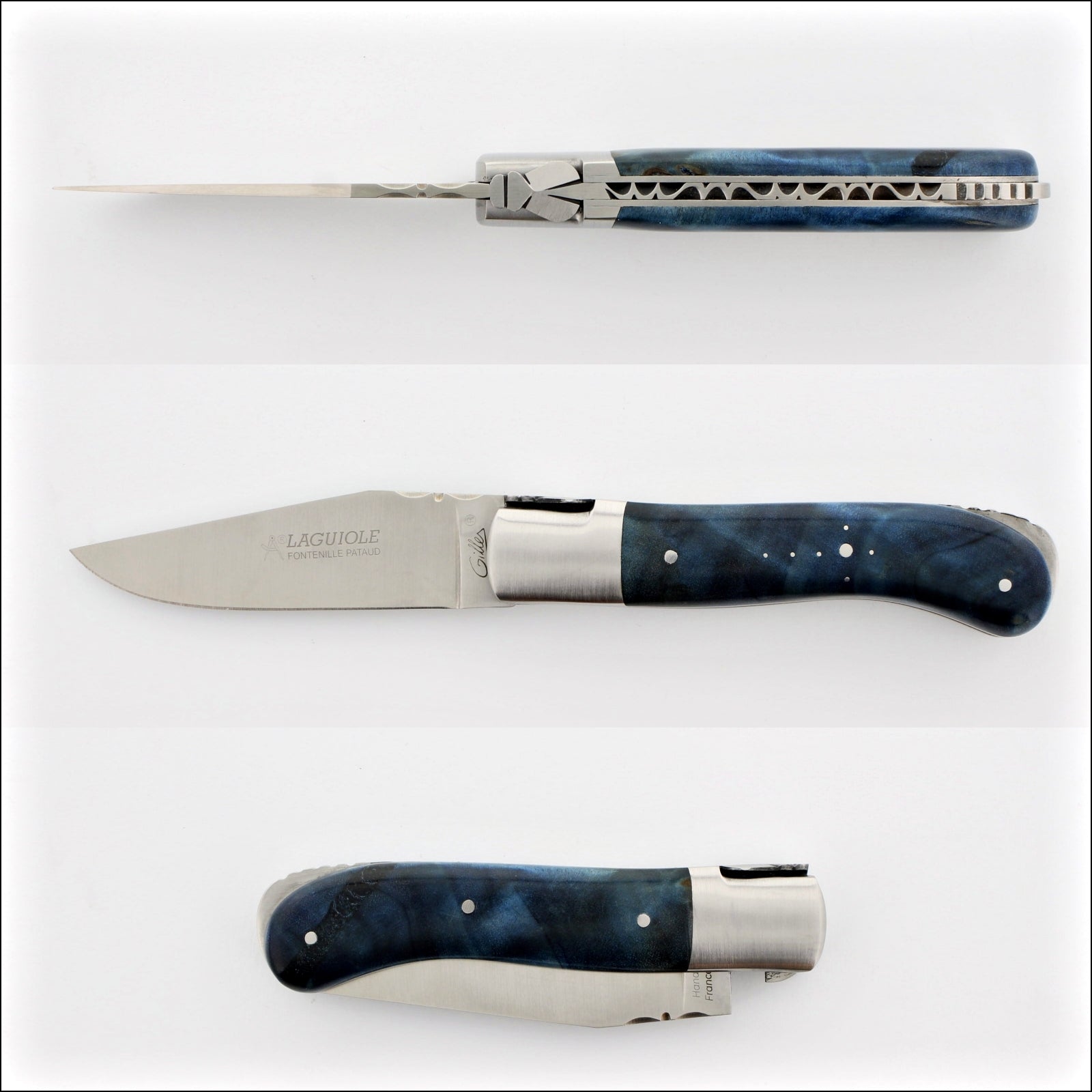 Laguiole Gentleman's Knife, side view of open blade and blue stained poplar burl handle. Handcrafted details, 100% Made in France.