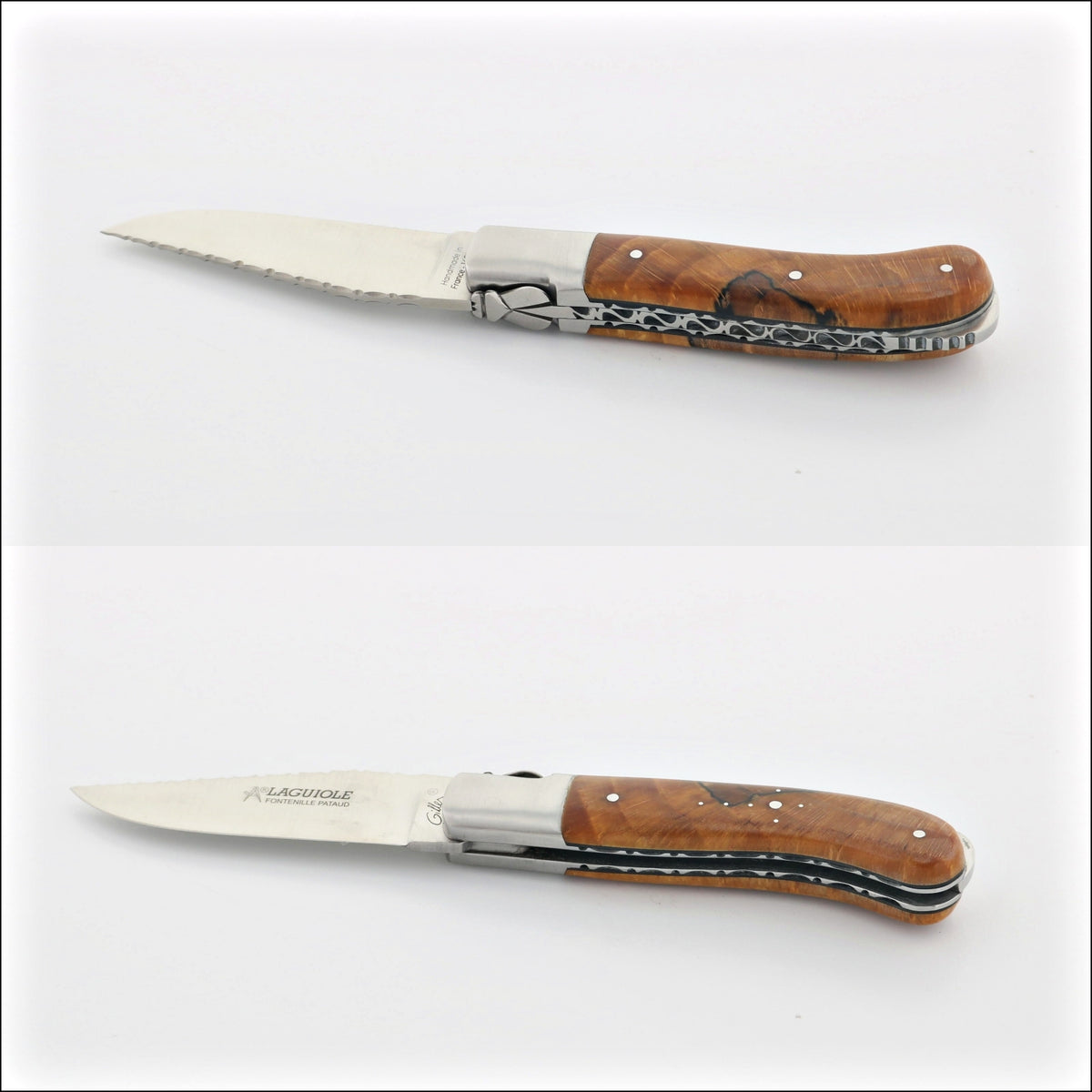 Laguiole Gentleman's Knife Guilloche, top-down view of the burled beech end grain handle and blade. Handcrafted details, 100% Made in France.