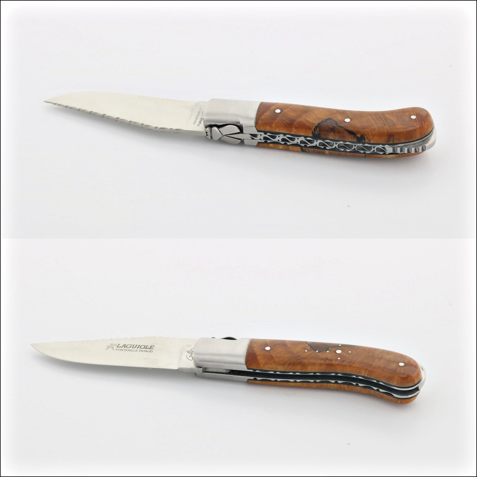 Laguiole Gentleman's Knife Guilloche - Burled Beech End Grain. Three views of the knife, open and closed. Handcrafted details, 100% Made in France.