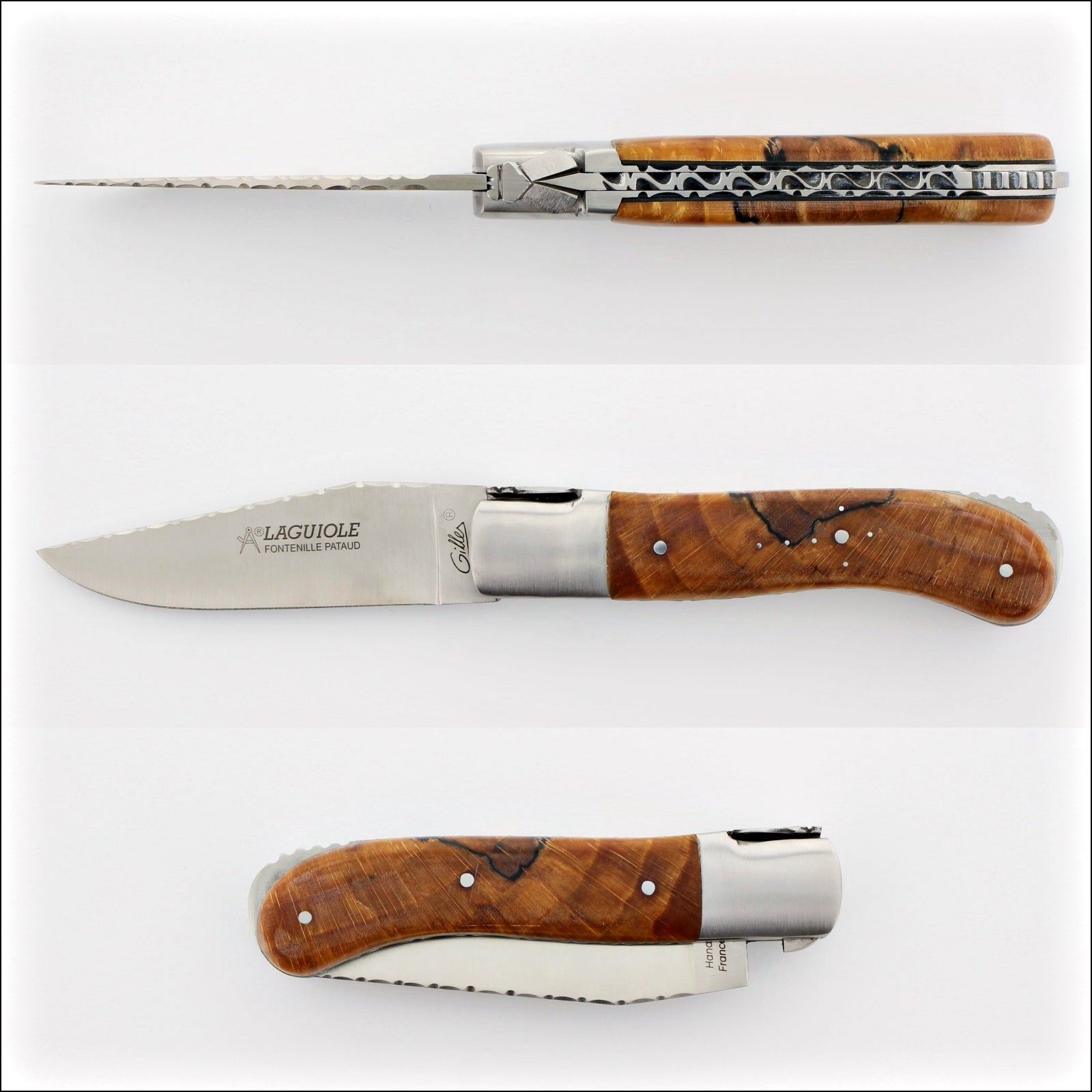 Laguiole Gentleman's Knife Guilloche - Burled Beech End Grain. Three views of the knife, open and closed. Handcrafted details, 100% Made in France.
