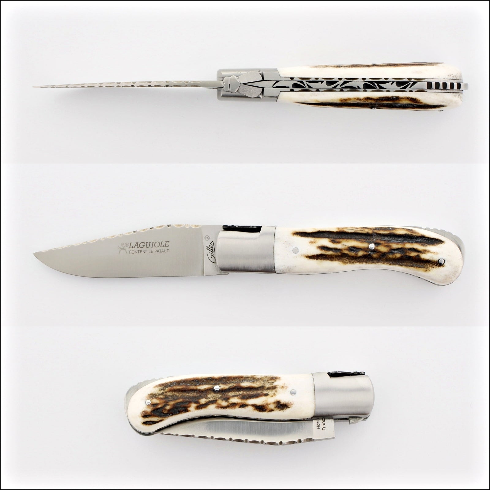 Laguiole Gentleman's Knife Guilloche - Deer Stag, side view, open blade, and closed. Handcrafted details, 100% Made in France.