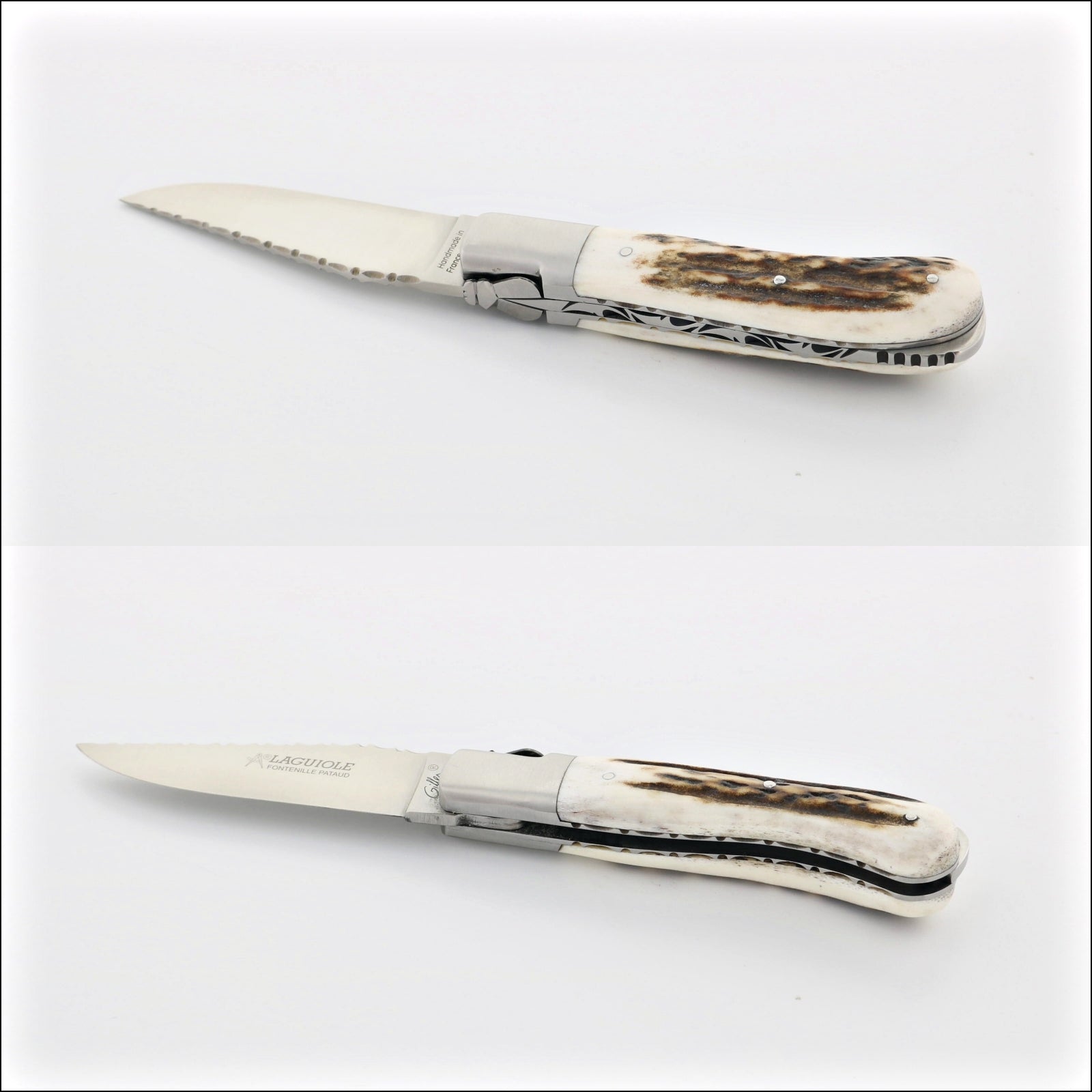 Laguiole Gentleman's Knife Guilloche - Deer Stag, side view, open blade, and closed. Handcrafted details, 100% Made in France.