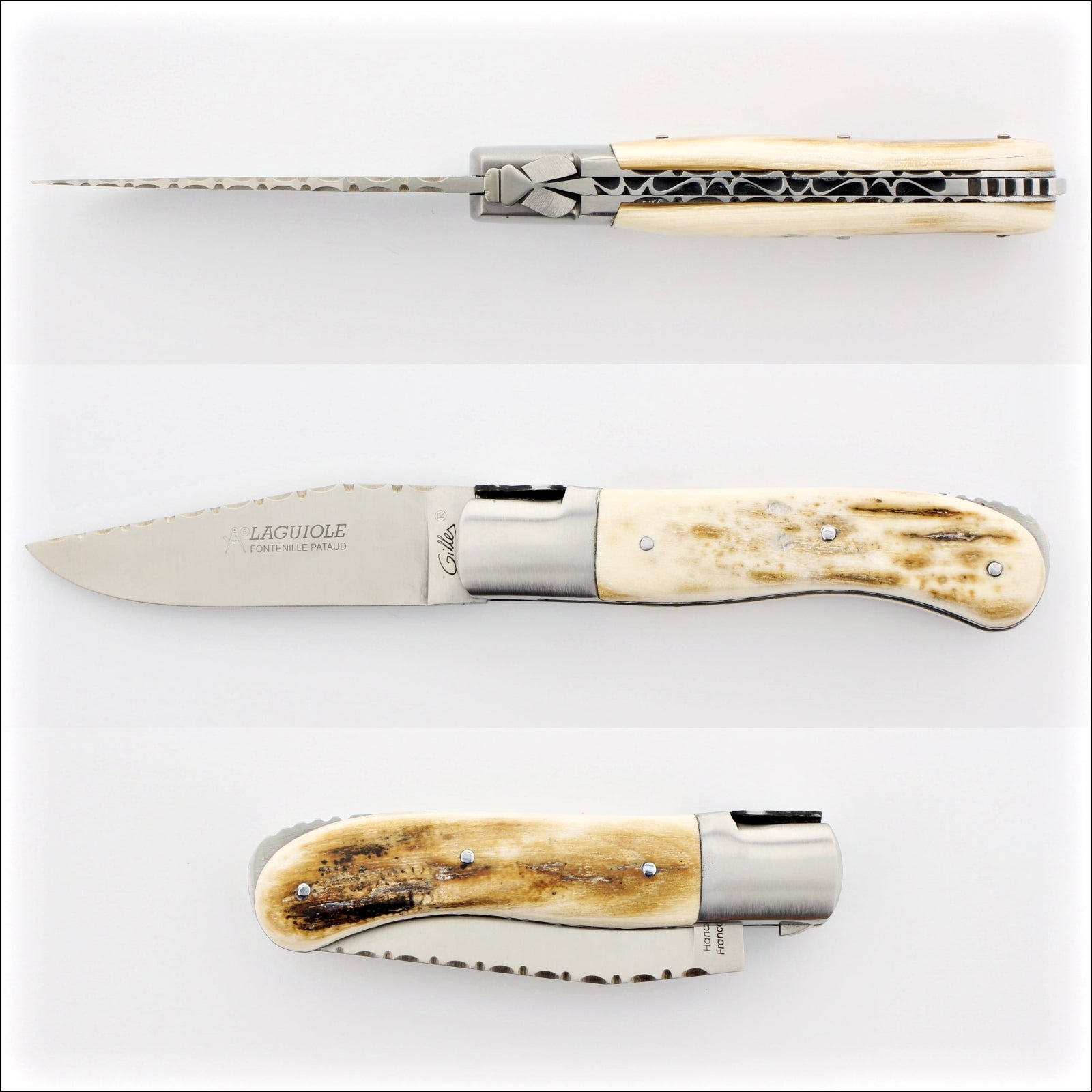 Laguiole Gentleman's Knife Guilloche - Mammoth Ivory. Top-down view of the knife, open and closed. Handcrafted details, 100% Made in France.