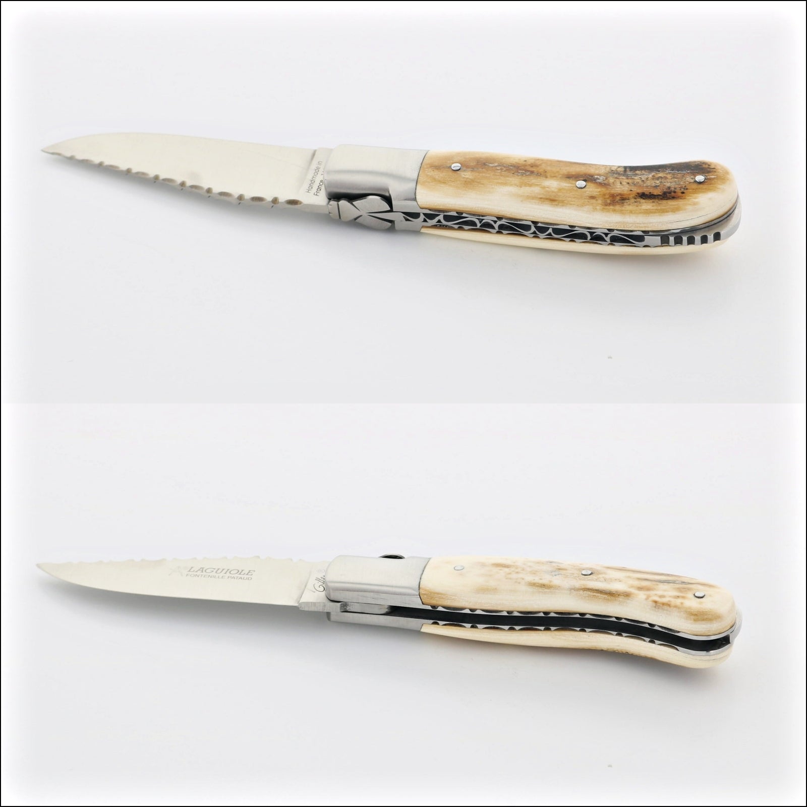 Laguiole Gentleman's Knife Guilloche - Mammoth Ivory. Top-down view of the knife, open and closed. Handcrafted details, 100% Made in France.