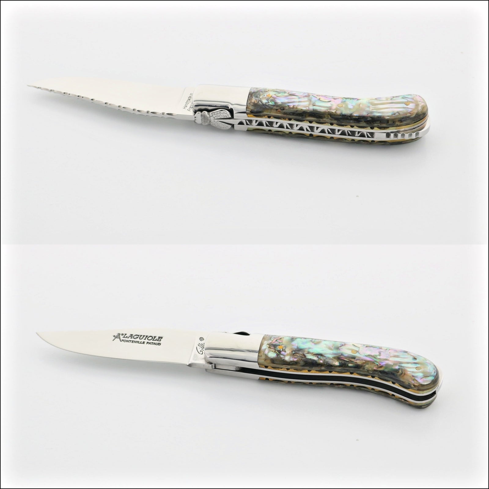Laguiole Gentleman's Knife Guilloche - Mother of Pearl. Close-up side view of the iridescent handle. Handcrafted details, 100% Made in France.