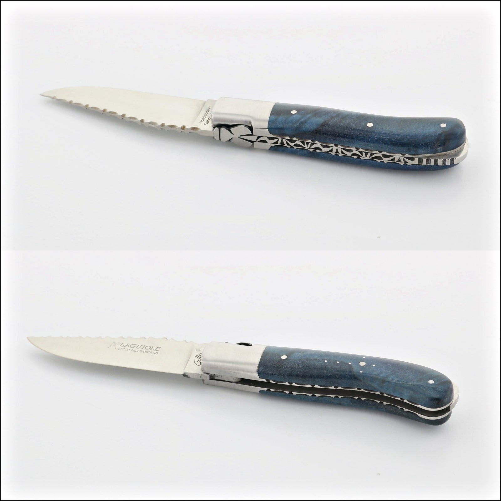 Laguiole Gentleman's Knife Guilloche. Top-down view of the blue stained poplar burl handle and engraved blade. Handcrafted details, 100% Made in France.