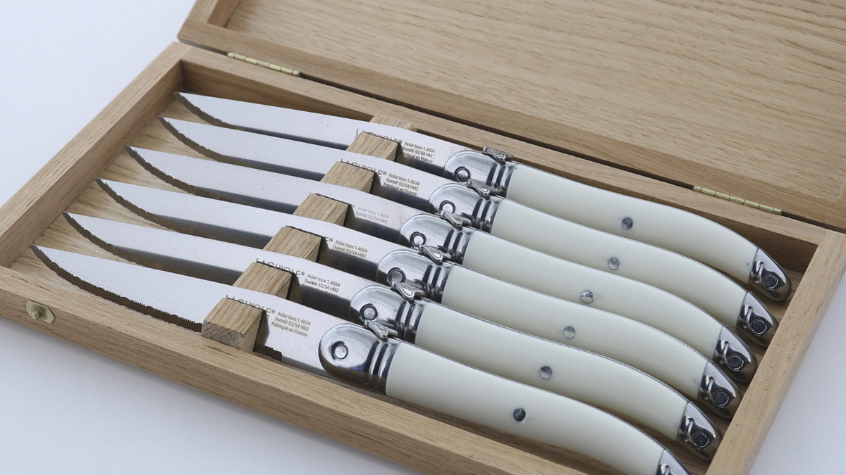 Laguiole Heritage® Steak Knives with Wooden Storage Box - Access Series - White  Handle - Set of 6