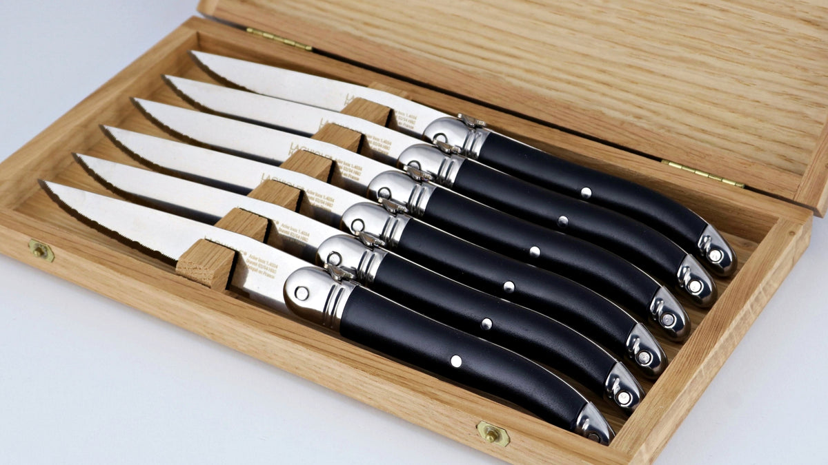 Laguiole Heritage® Steak Knives with Wooden Storage Box - Access Series - Black Handle - Set of 6-Laguiole Imports