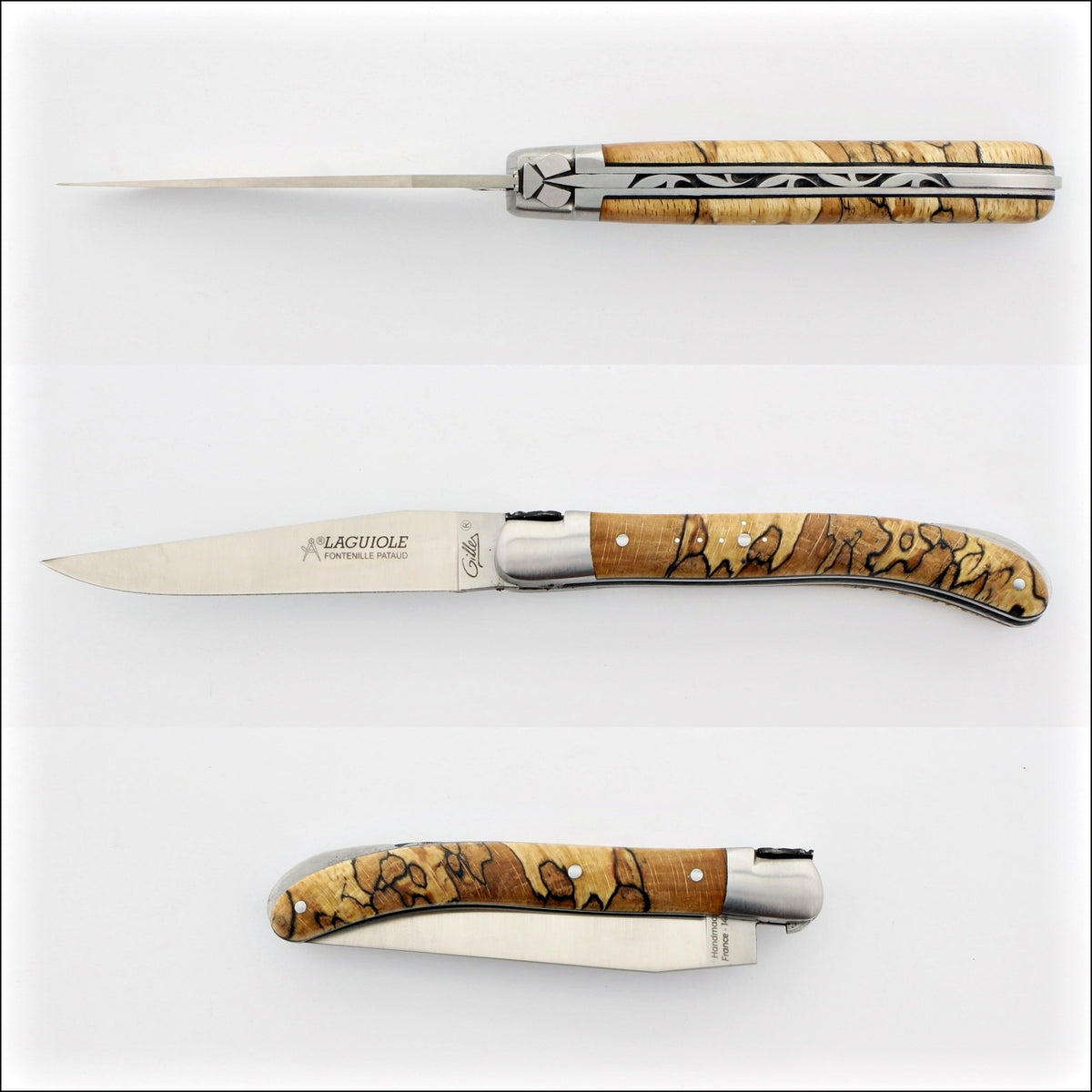 Laguiole Le Pocket Classic Burled Beech End Grain. Top-down view of open knife, handle detail, closed knife. Handcrafted details, 100% Made in France.