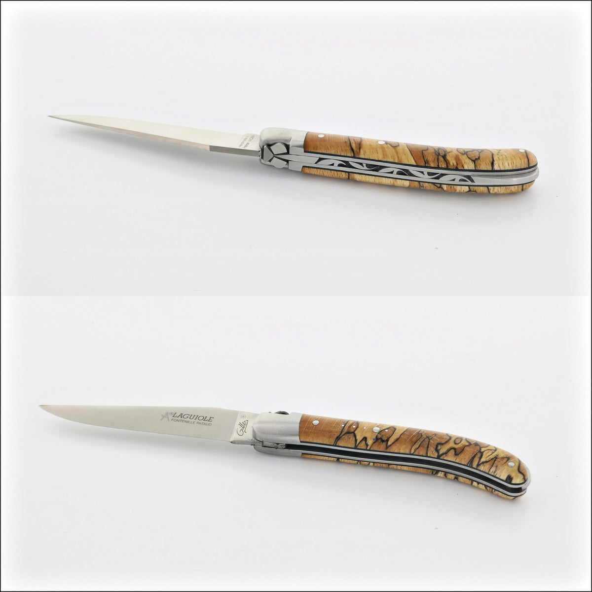 Laguiole Le Pocket Classic Burled Beech End Grain pocket knife, top-down view. Handcrafted details, 100% Made in France.