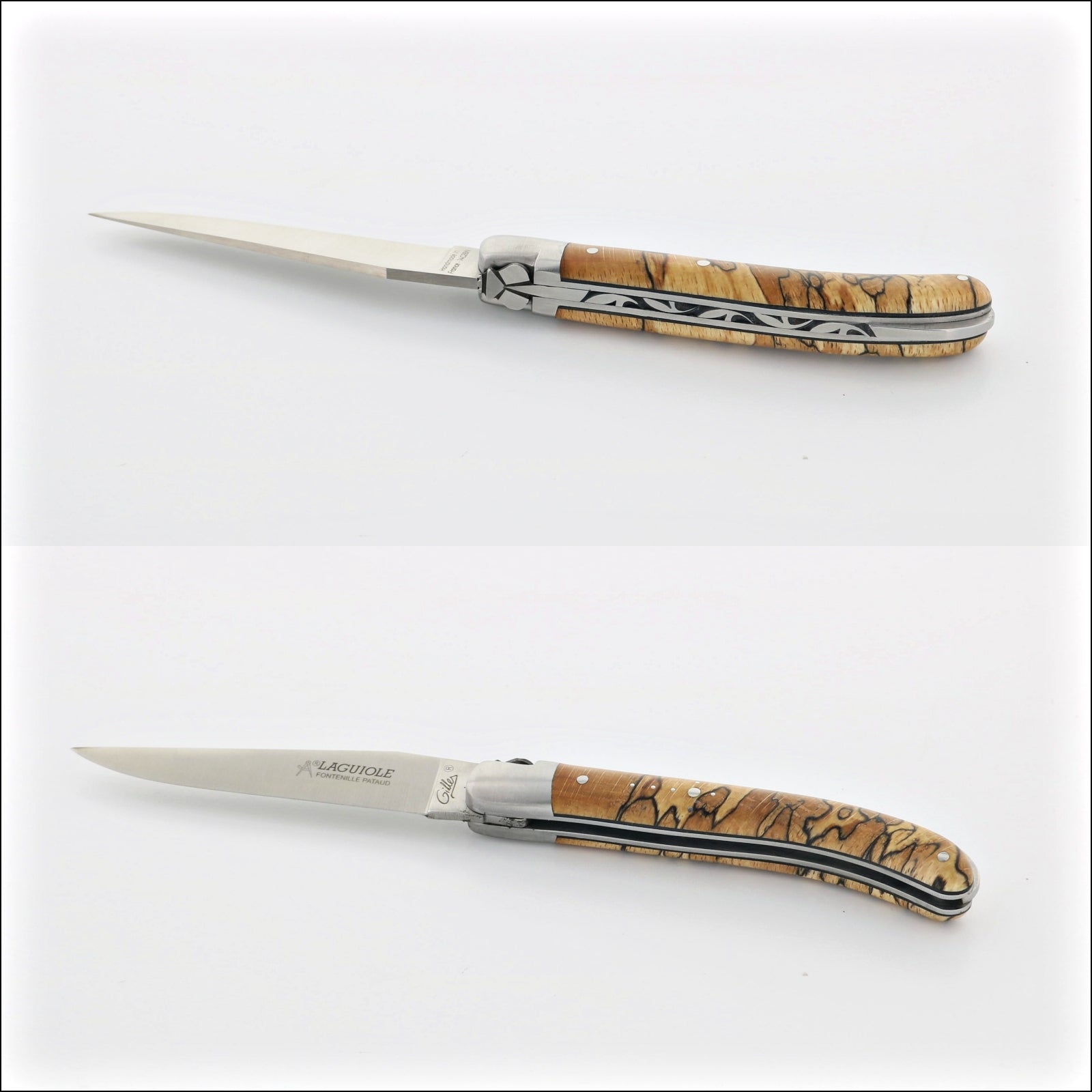 Laguiole Le Pocket Classic Burled Beech End Grain. Top-down view of open knife, handle detail, closed knife. Handcrafted details, 100% Made in France.
