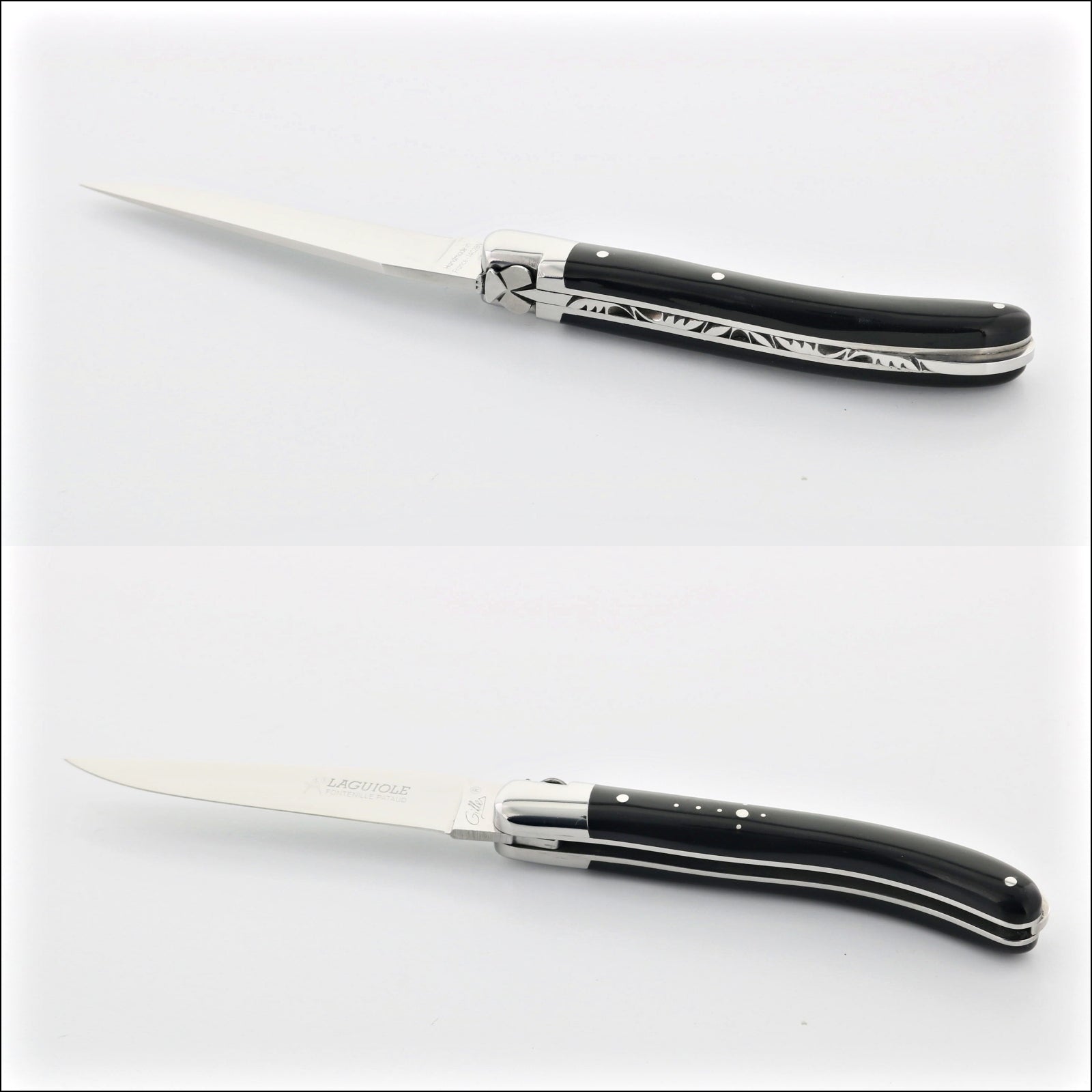 Laguiole Le Pocket Classic Dark Horn Tip Handle, open and closed views. Handcrafted details, 100% Made in France.