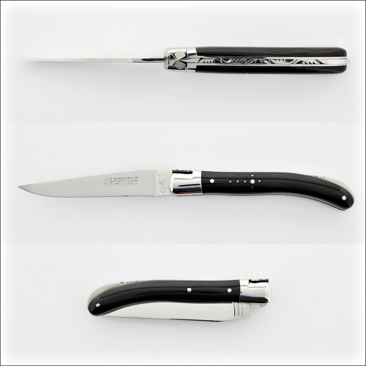 Laguiole Le Pocket Classic Dark Horn Tip Handle, open and closed views. Handcrafted details, 100% Made in France.
