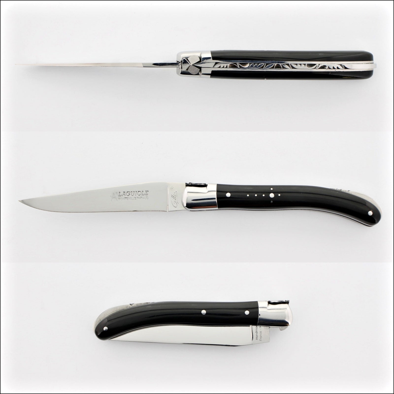 Laguiole Le Pocket Classic Dark Horn Tip Handle, open and closed views. Handcrafted details, 100% Made in France.