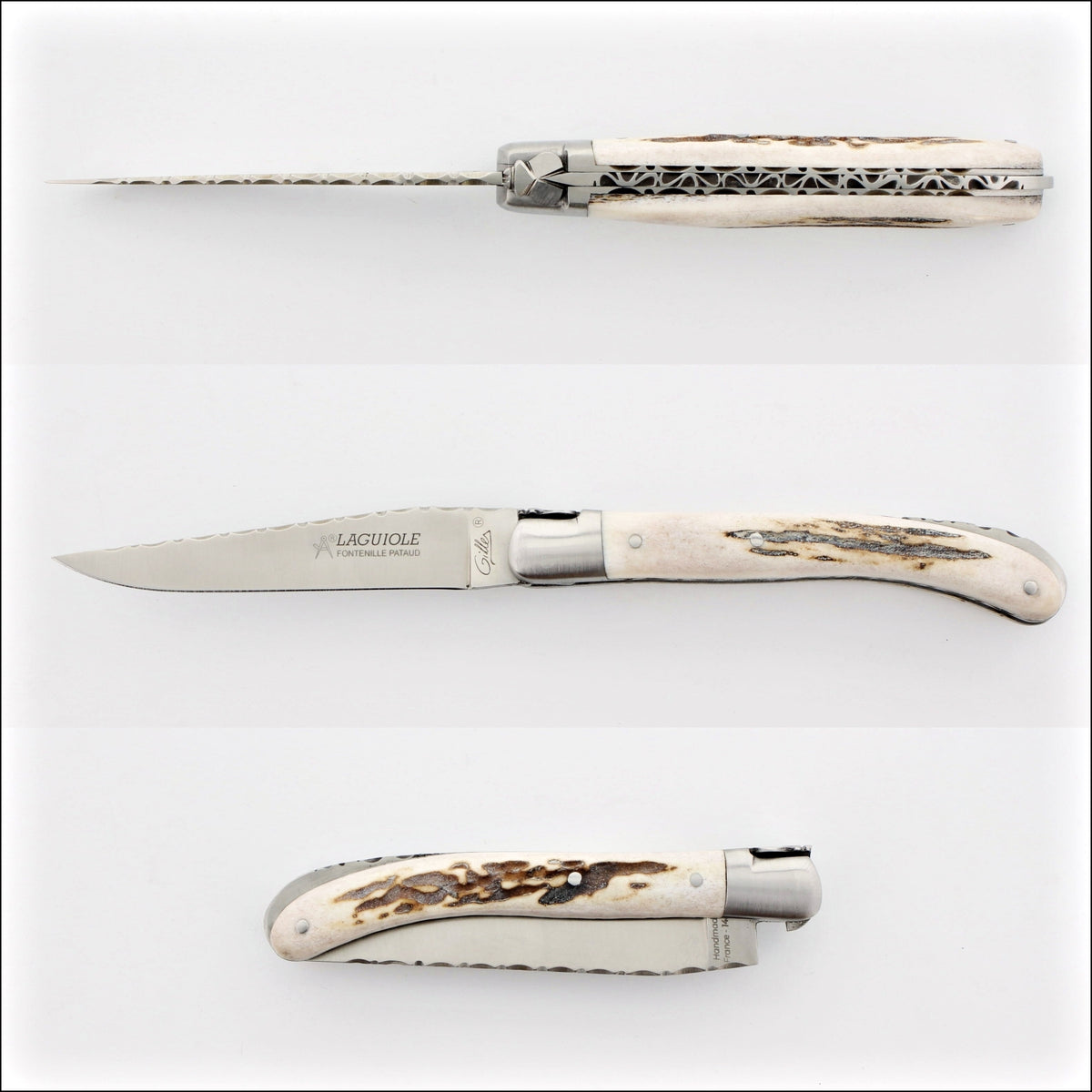 Laguiole Le Pocket Guilloche Deer Stag Handle, close-up side view of the open knife, handcrafted details, 100% Made in France.