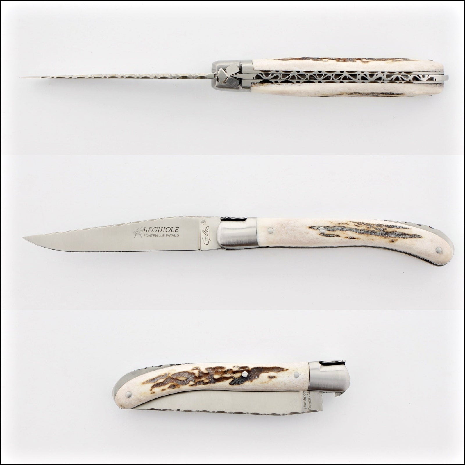 Laguiole Le Pocket Guilloche Deer Stag Handle, close-up side view of the open knife, handcrafted details, 100% Made in France.