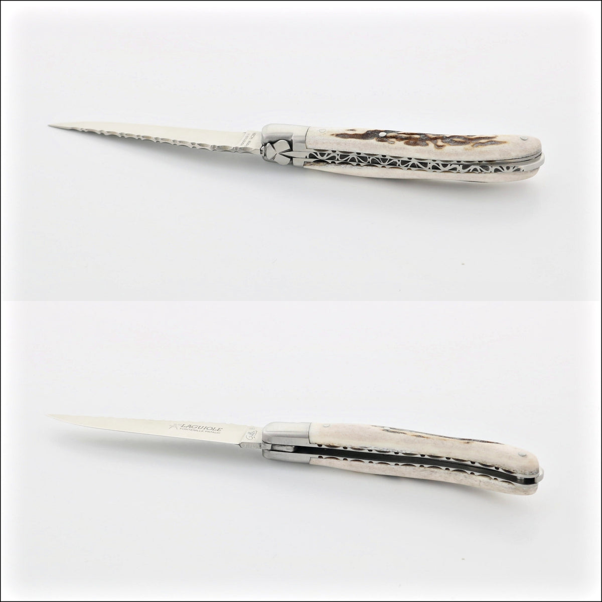 Laguiole Le Pocket Guilloche Deer Stag Handle, close-up of the serrated blade and natural stag handle. Handcrafted details, 100% Made in France.