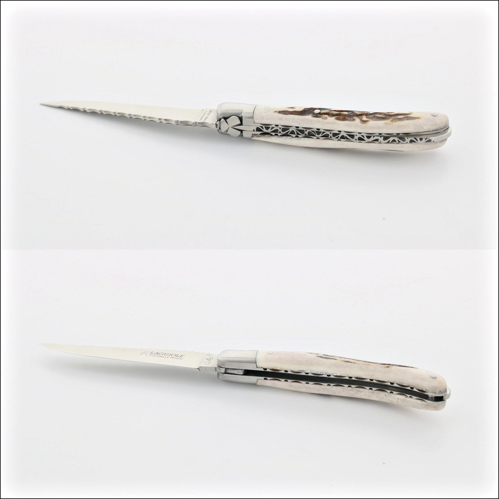 Laguiole Le Pocket Guilloche Deer Stag Handle, close-up side view of the open knife, handcrafted details, 100% Made in France.